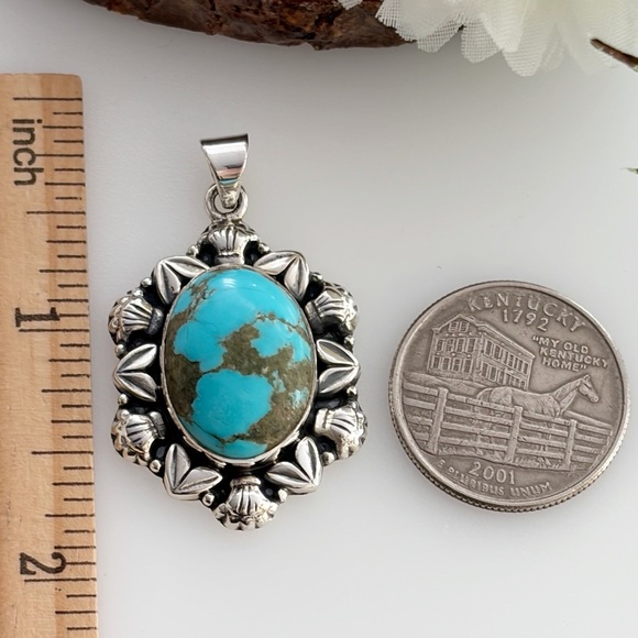 Pure Sterling Silver 925 Genuine Natural Turquoise Pendant Southwest Boho New - Picture 7 of 11